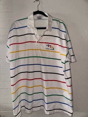 2000 Sydney Olympics Striped Polo Shirt-White with Multicolor Stripes